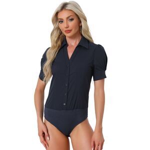 Button Down Leotard Shirt Short Sleeve Collared Work Bodysuit Tops Navy Blue